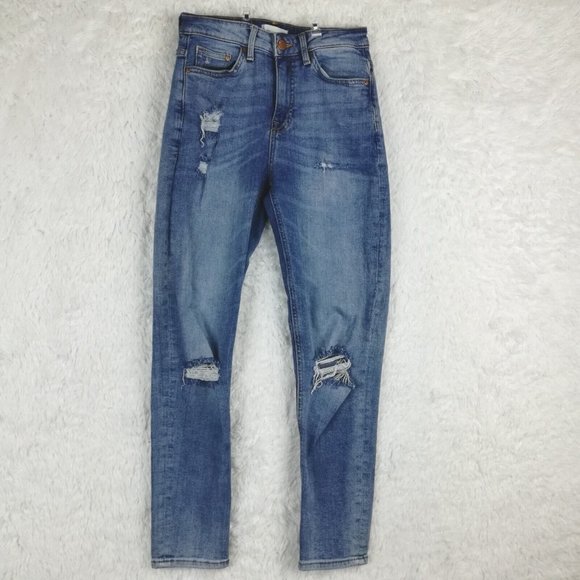 H&M Womens Jeans Skinny Ankle Blue Denim Medium Wash Ripped High Rise 2 - Picture 1 of 13
